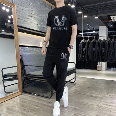 男士休闲套装冰丝2025夏季新款短袖t恤潮流男装运动一套搭配帅气