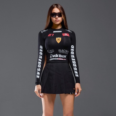 W153TP欧美辣妹2024秋季新款机车风字母印花圆领长袖修身女装上衣