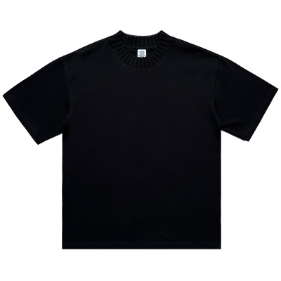 BK男装春夏新款305G编织毛衣领纯色短袖半高领复古宽松纯棉t恤男