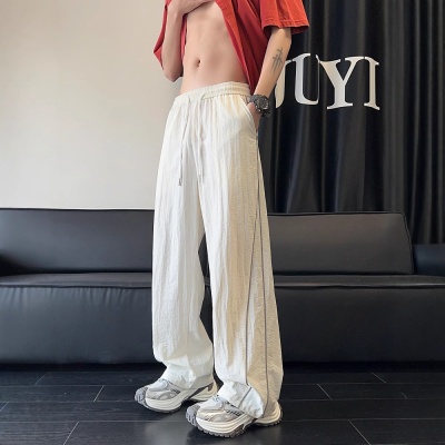 白色辑明线速干裤子男夏季薄款潮牌运动阔腿裤美式直筒宽松休闲裤
