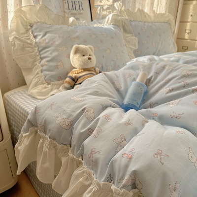 法式全棉床上四件套韩版花边纯棉被套床单被罩三件套南通家纺床品