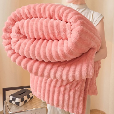新款兔兔绒毛抽条毛毯双面绒多功能休闲毯办公室午休盖毯跨境专供
