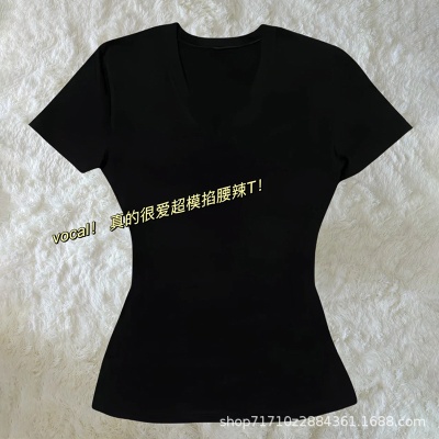漫画腰辣妹T恤女短袖V领黑色纯棉正肩内搭打底衫长袖夏季紧身上衣