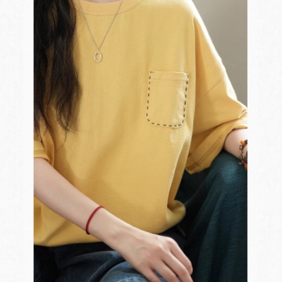 阳光口袋|手缝细节宽松休闲圆领T恤25夏季新款短袖上衣女装