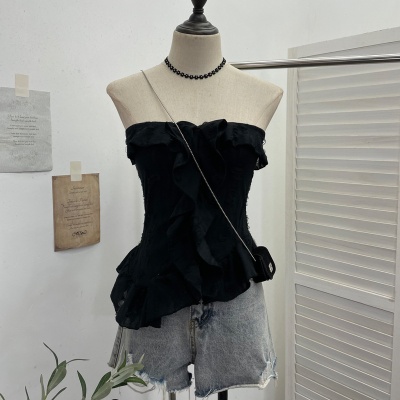 实拍 废土风抹胸做旧破洞不规则荷叶边背心千禧辣妹无袖上衣 9228