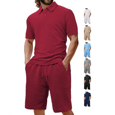 外贸跨境男士提花布POLO衬衫套装 夏季翻领休闲短袖厂家现货直供