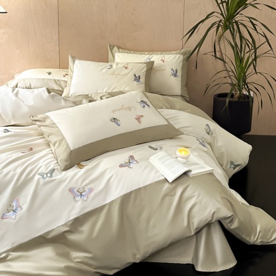 A类公主风全棉水洗棉四件套高精密蝴蝶刺绣纯棉被套床单床上用品4