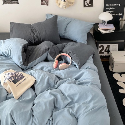 日式无印水洗棉四件套裸睡良品床单被套学生宿舍床上三件套床笠款