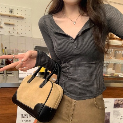 半开领微透坑条长袖t恤女2025春夏季新款修身显瘦内搭打底衫上衣