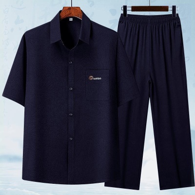 夏季薄款男士套装中老年人短袖衬衫男爷爷宽松衬衣爸爸夏装两件套