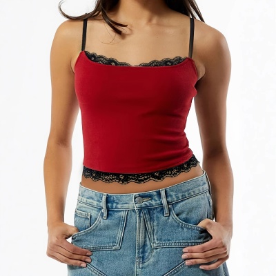 欧美女装亚马逊2025年春夏季新款辣妹纯色蕾丝性感吊带小背心上衣