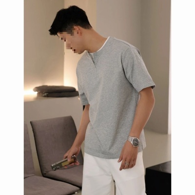 重磅新款半拉链短袖T恤男宽松简约小众设计拼接假两件半袖上衣服