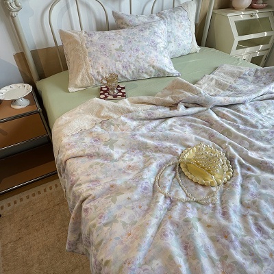 夏季新品母婴A类全棉双层纱法式大花边夏被床单四件套纯棉空调被