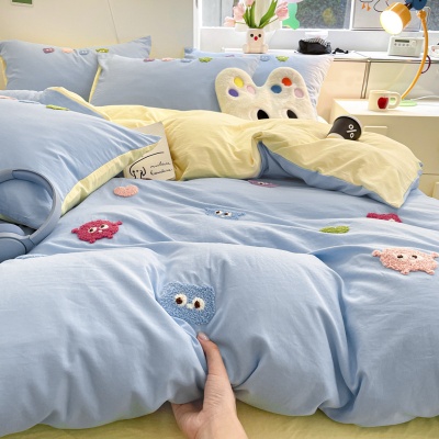 A类床品四件套纯色棉卡通毛巾绣被套亲肤水洗棉学生宿舍可爱套件